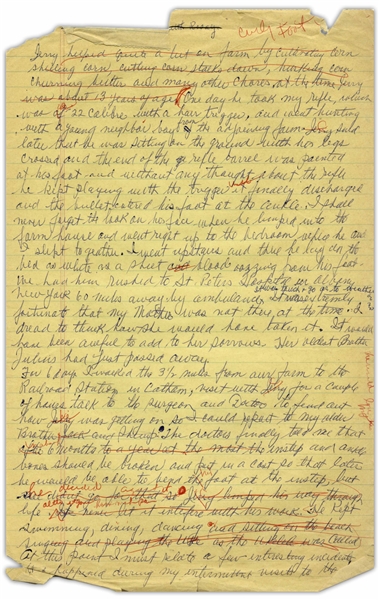 Moe Howard's Handwritten Manuscript Page When Writing His Autobiography -- Moe Recounts Curly's Gun Accident, ''the bullet entered his foot at the ankle -- Single 8'' x 12.5'' Page